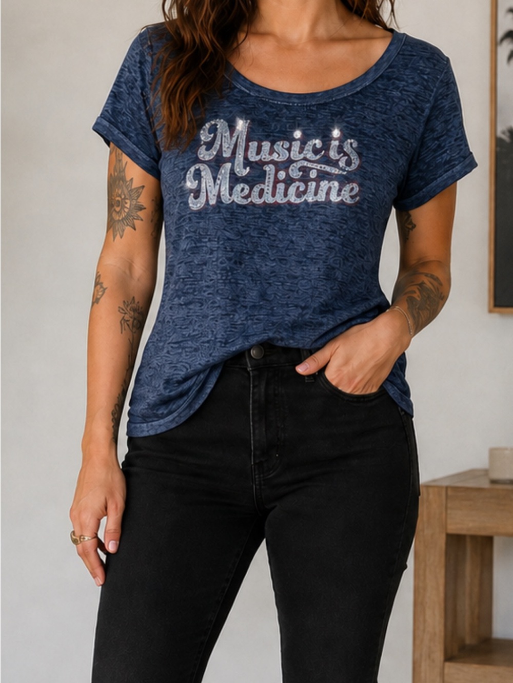 Idyllwind Music Is Medicine Navy Women's Graphic Tee with rhinestones.